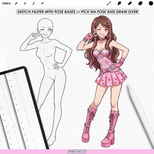 Procreate Manga Anime Poses: 100 body pose base stamps (Photoshop & CSP supported)