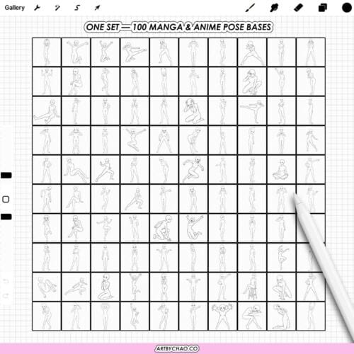 Procreate Manga Anime Poses: 100 body pose base stamps (Photoshop & CSP supported)