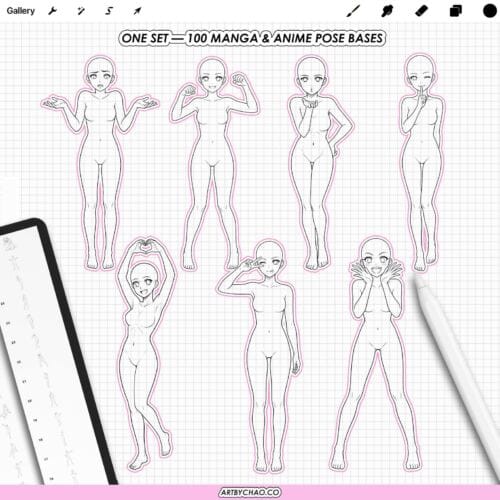 Procreate Manga Anime Poses: 100 body pose base stamps (Photoshop & CSP supported)