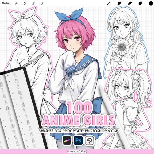 Procreate Anime Girls: 100 manga anime line art girl stamps (Photoshop & CSP supported)
