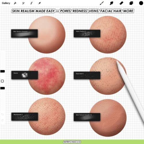Procreate Skin Brushes: realistic pores, freckles, highlights, texture & blending brushes