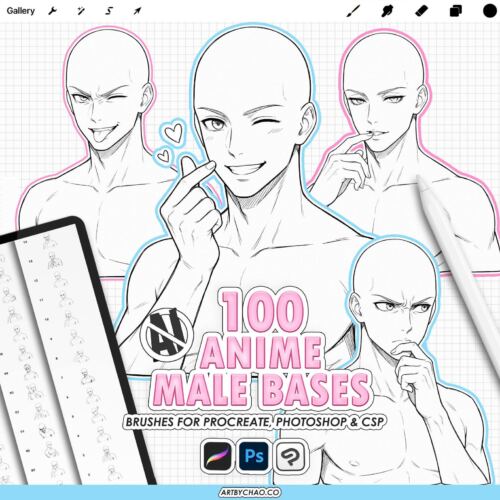 Procreate Manga Anime Male Bases: 100 pose and expression stamps (Photoshop & CSP supported)