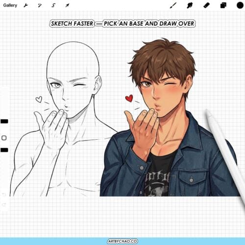Procreate Manga Anime Male Bases: 100 pose and expression stamps (Photoshop & CSP supported)