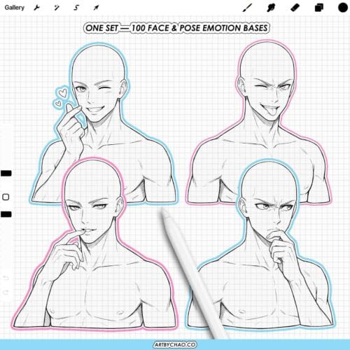 Procreate Manga Anime Male Bases: 100 pose and expression stamps (Photoshop & CSP supported)