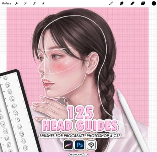 Procreate Anatomy Head Guides: 125 face bases, head planes, face ratio grids (Photoshop & CSP supported)