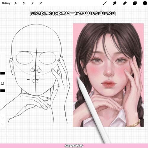 Procreate Anatomy Head Guides: 125 face bases, head planes, face ratio grids (Photoshop & CSP supported)