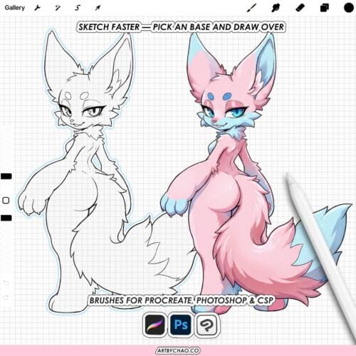 Procreate Furry Bases: 100 anime style anthro pose and expression stamps (Photoshop & CSP supported)