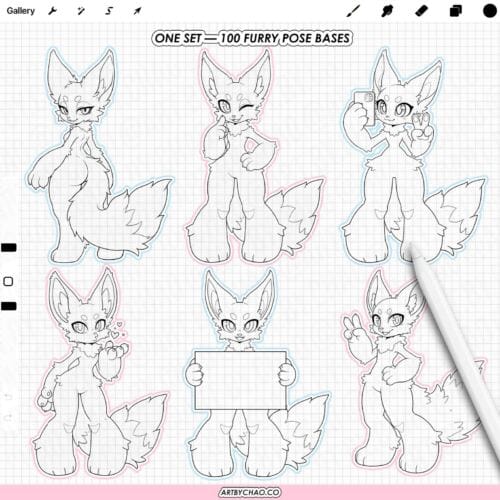 Procreate Furry Bases: 100 anime style anthro pose and expression stamps (Photoshop & CSP supported)