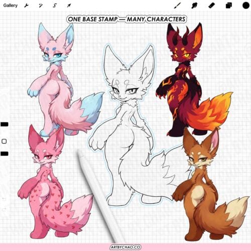 Procreate Furry Bases: 100 anime style anthro pose and expression stamps (Photoshop & CSP supported)