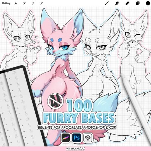 Procreate Furry Bases: 100 anime style anthro pose and expression stamps (Photoshop & CSP supported)