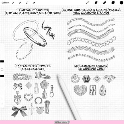Procreate Jewelry & Accessories Brushes: jewelry builder with chains, pearls, diamonds, charms