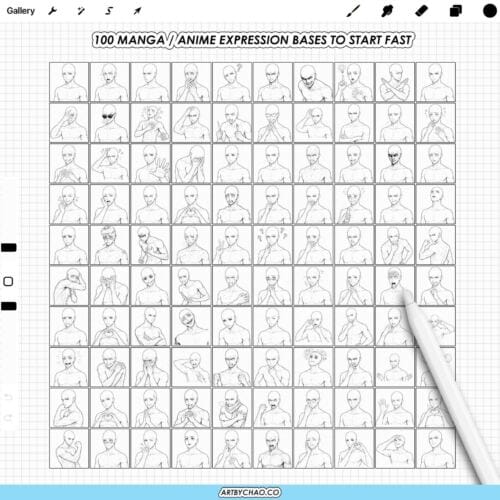Procreate Manga Anime Male Bases: 100 pose and expression stamps (Photoshop & CSP supported)