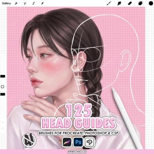 Procreate Anatomy Head Guides: 125 face bases, head planes, face ratio grids (Photoshop & CSP supported)