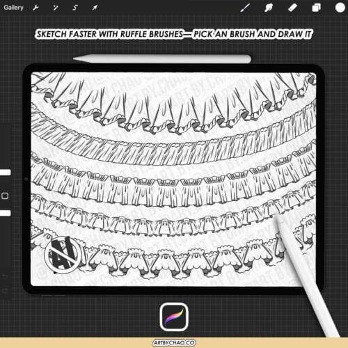 Procreate Ruffle Brushes: 100 clothing frills, folds, pleats for fashion illustration sketching