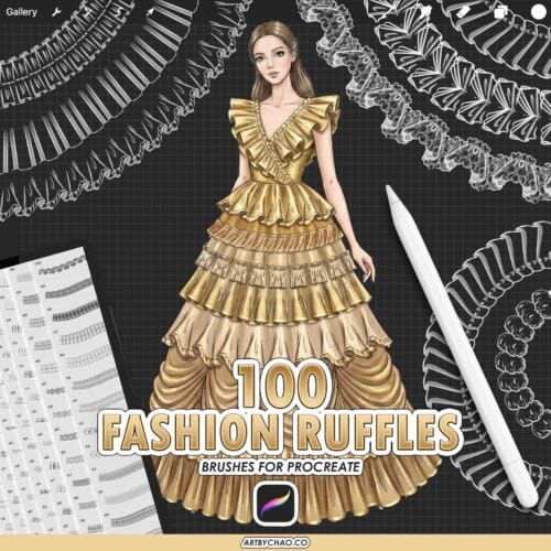 Procreate Ruffle Brushes: 100 clothing frills, folds, pleats for fashion illustration sketching