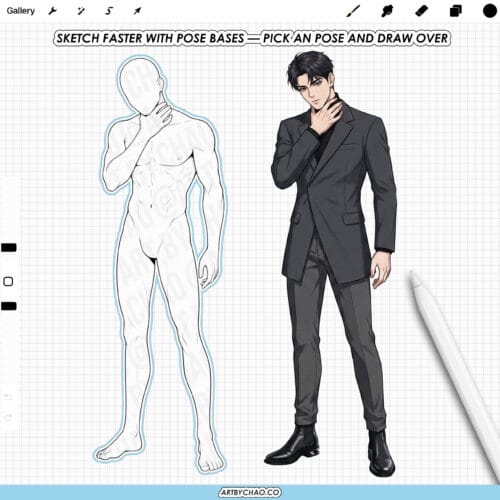 Procreate pose base stamp preview — anime male standing pose outline and finished character, sketch faster for manga art