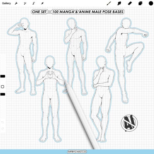 Set preview of 100 manga & anime male pose bases — full-body male figure drawing references for Procreate stamps