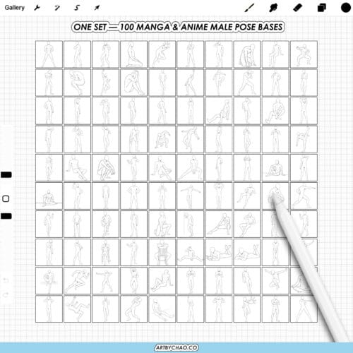 Grid preview of 100 manga & anime male pose stamps — male anatomy pose references for Procreate, Photoshop & CSP