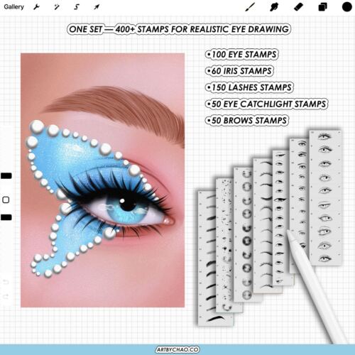 Procreate Eye Stamps: 400+ iris, eyelashes, brows, catchlight and glare brushes for realistic eyes (Photoshop & CSP supported)