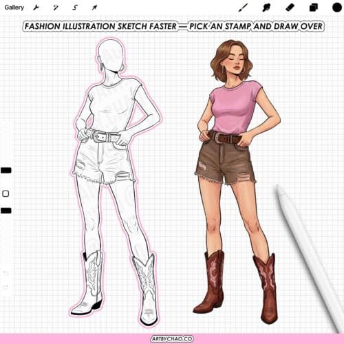 Fashion illustration sketch stamps for Procreate – spring/summer outfit body template, draw-over workflow example (Photoshop & CSP compatible)