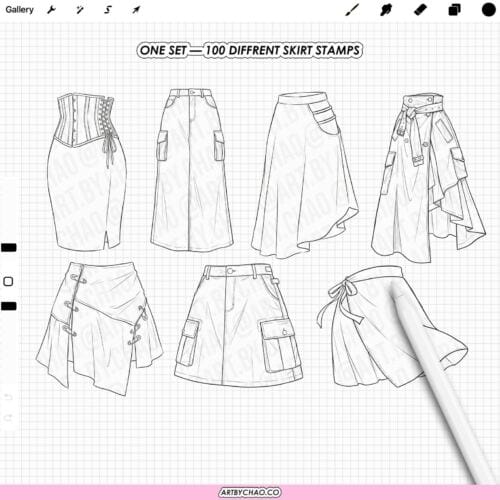 Procreate Skirt Stamps: 100 fashion illustration skirt bases (Photoshop & CSP supported)
