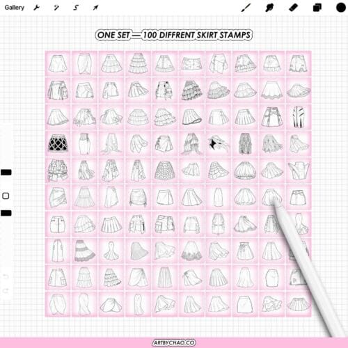 Procreate Skirt Stamps: 100 fashion illustration skirt bases (Photoshop & CSP supported)