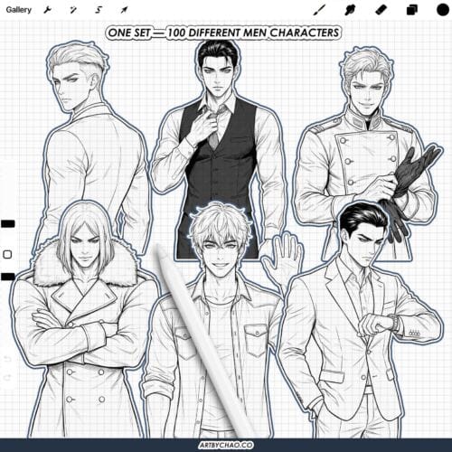 Procreate Manhwa Men: 100 korean male character stamps (Photoshop & CSP supported)