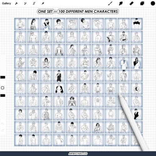 Procreate Manhwa Men: 100 korean male character stamps (Photoshop & CSP supported)