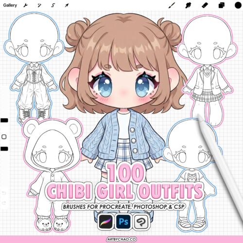 Procreate Chibi Clothes: 100 girl outfit clothing stamps (Photoshop & CSP supported)