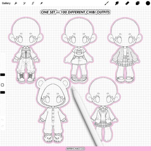 Procreate Chibi Clothes: 100 girl outfit clothing stamps (Photoshop & CSP supported)