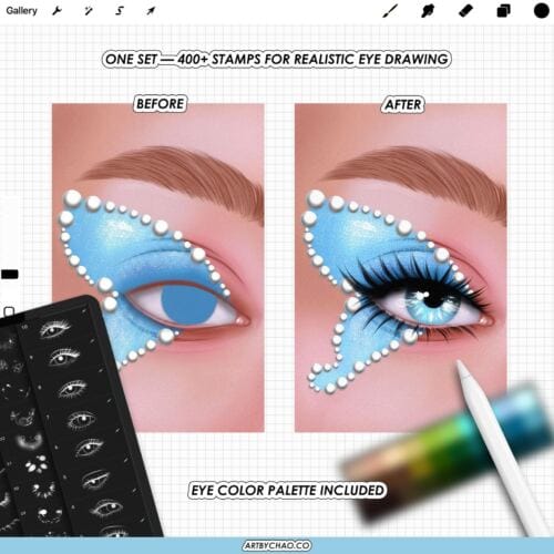 Procreate Eye Stamps: 400+ iris, eyelashes, brows, catchlight and glare brushes for realistic eyes (Photoshop & CSP supported)
