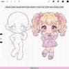 Chibi pose base before and after: line pose stamp and finished colored chibi character, Procreate chibi stamps for faster drawing (Photoshop & CSP supported)