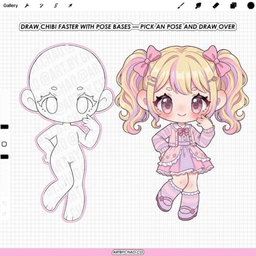 Chibi pose base before and after: line pose stamp and finished colored chibi character, Procreate chibi stamps for faster drawing (Photoshop & CSP supported)