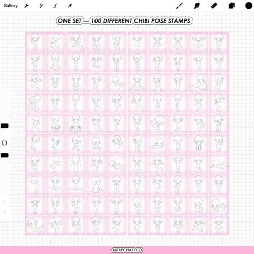 100 different chibi pose stamp sheet: full stamp pack overview, chibi body bases for Procreate, manga kawaii pose references (Photoshop & CSP supported)
