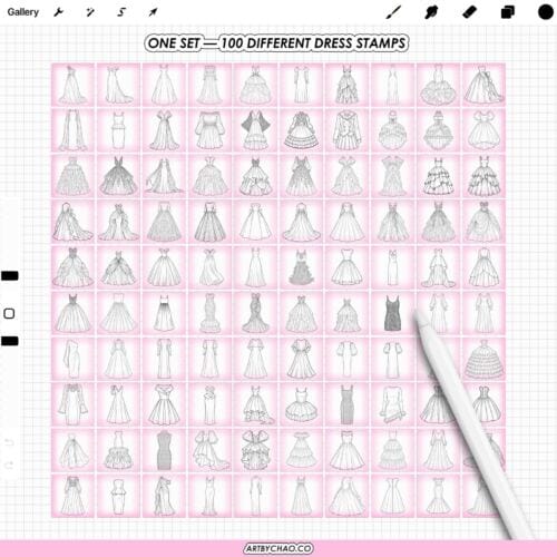 Full overview: grid preview of 100 dress stamp thumbnails – fashion illustration dress bases for Procreate brushes, Photoshop & Clip Studio Paint (CSP)