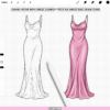 How it works: draw faster with dress stamps – elegant long slip dress line art vs colored example, Procreate fashion design stamp brush