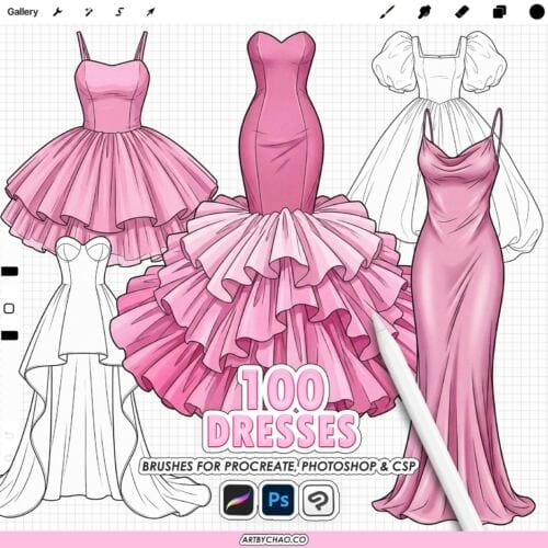 Cover image: 100 dress stamps brush set for Procreate, Photoshop & Clip Studio Paint (CSP) – fashion illustration gown and dress drawing bases