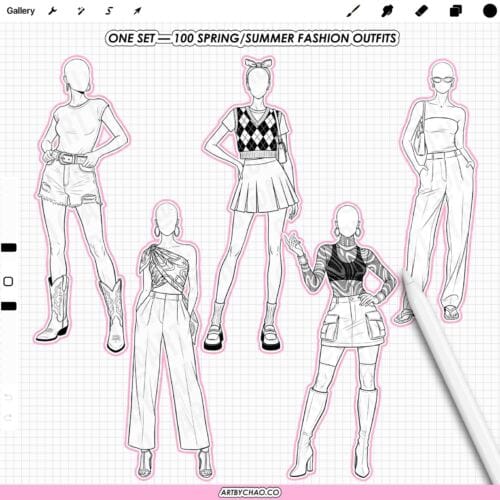 100 spring summer fashion outfits stamp set – ready-to-color female outfit poses and figure templates for fashion sketching in Procreate (Photoshop & CSP compatible)