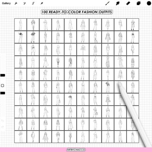 100 ready-to-color fashion outfit stamps – full set preview grid of female outfit poses for Procreate fashion illustration (Photoshop & Clip Studio compatible)
