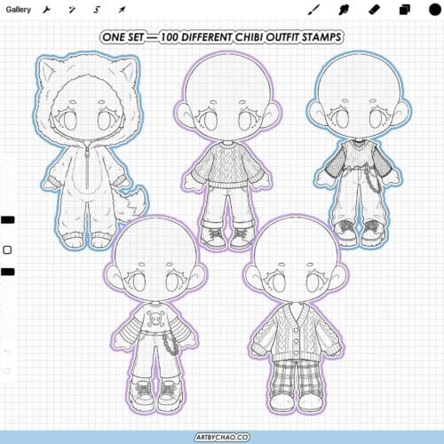 Procreate Chibi Clothes: 100 boy outfit clothing stamps (Photoshop & CSP supported)