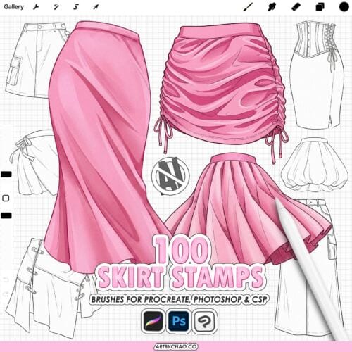 Procreate Skirt Stamps: 100 fashion illustration skirt bases (Photoshop & CSP supported)