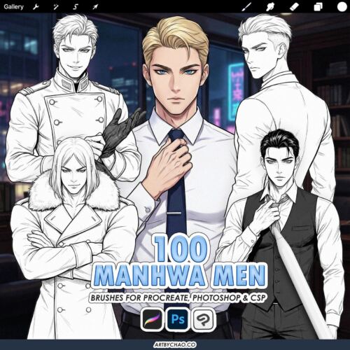 Procreate Manhwa Men: 100 korean male character stamps (Photoshop & CSP supported)