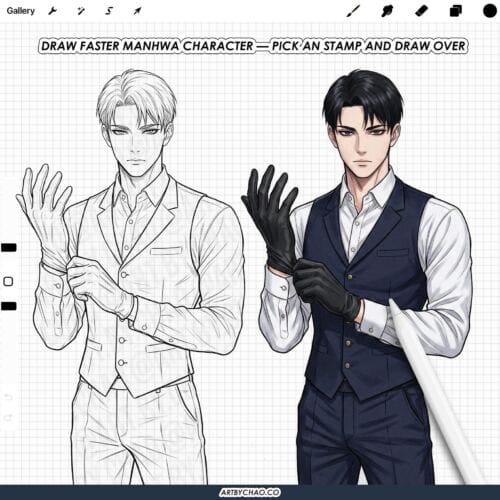Procreate Manhwa Men: 100 korean male character stamps (Photoshop & CSP supported)