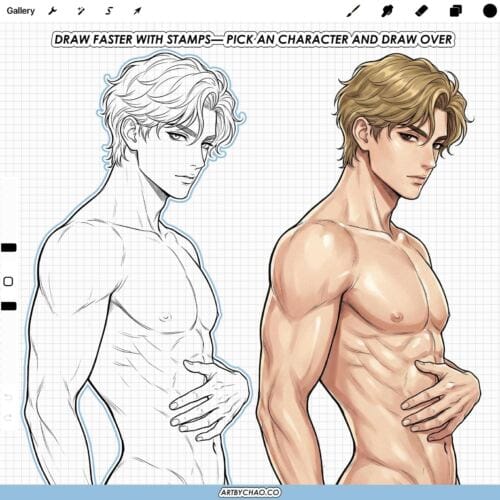 Procreate Manhwa Men Stamps: 100 korean webtoon male bodies, torso stamps (Photoshop & CSP supported)