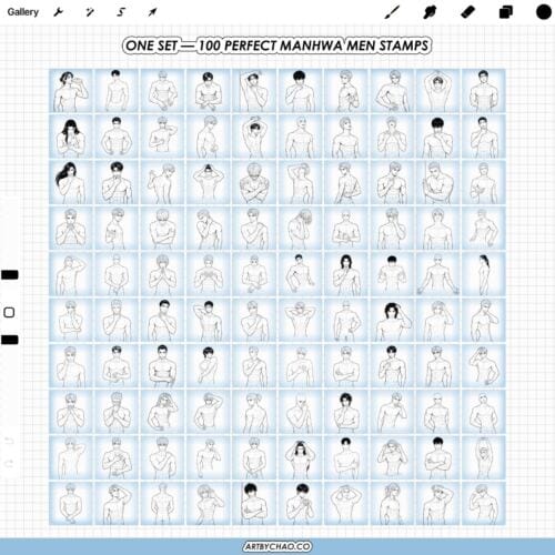 Procreate Manhwa Men Stamps: 100 korean webtoon male bodies, torso stamps (Photoshop & CSP supported)