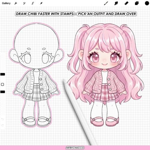Procreate Chibi Clothes: 100 girl outfit clothing stamps (Photoshop & CSP supported)