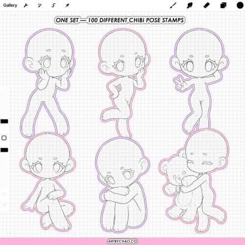 Chibi pose base stamp brush preview: 6 kawaii chibi body poses for drawing, Procreate stamp brushes for fast sketching (Photoshop & CSP supported)