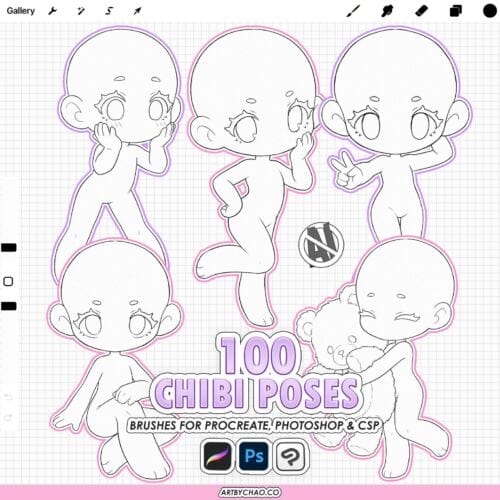 100 chibi pose stamps for Procreate: cute chibi body base poses, sketch reference stamp brush set (Photoshop & CSP supported)