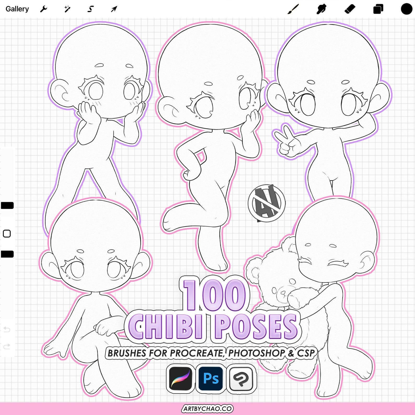 Procreate Chibi Poses: 100 chibi base body stamps (Photoshop & CSP ...