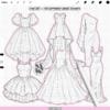 Preview page: one set, 100 different dress stamps – mix of formal gowns and dresses (line art bases) for Procreate, Photoshop & CSP